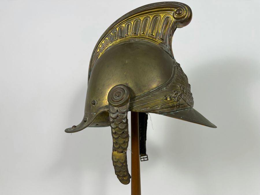 Antique British Fire Brigade Brass Fireman’s Helmut - Straps Need Repair - Comes With Stand 11W X 12H [Photo 19]