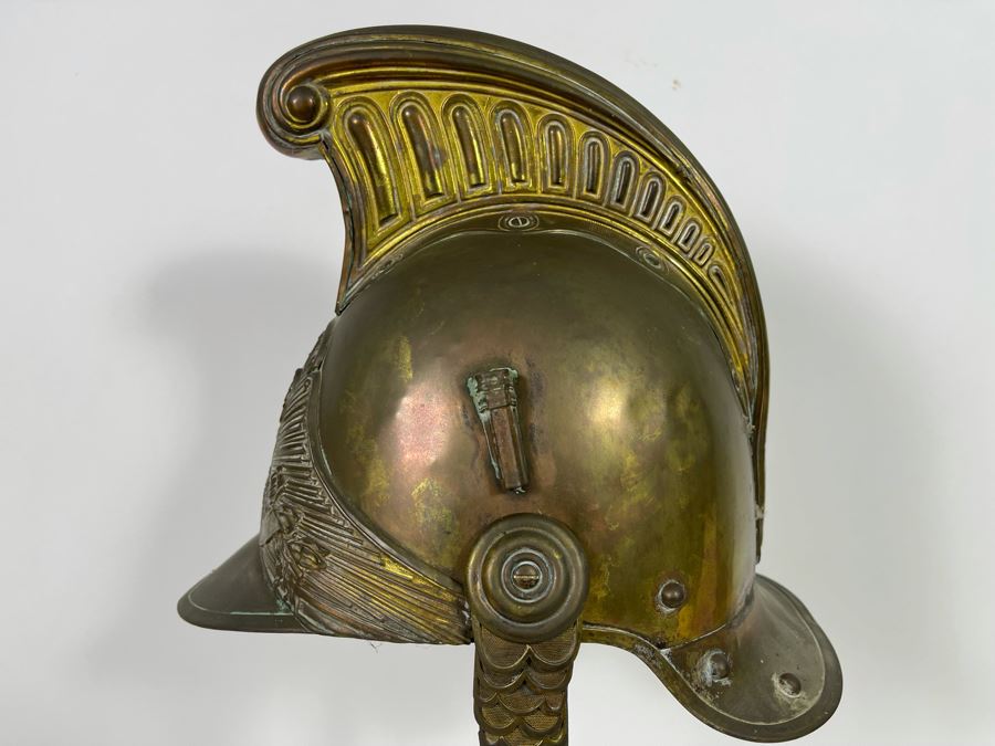 Antique British Fire Brigade Brass Fireman’s Helmut - Straps Need Repair - Comes With Stand 11W X 12H [Photo 12]