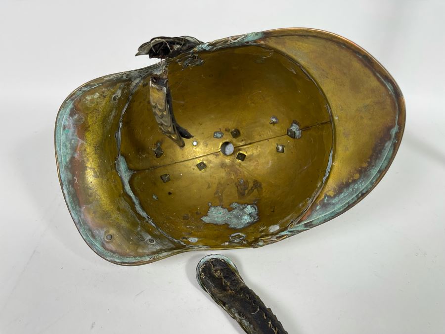 Antique British Fire Brigade Brass Fireman’s Helmut - Straps Need Repair - Comes With Stand 11W X 12H [Photo 21]