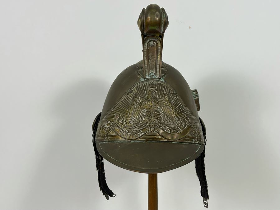 Antique British Fire Brigade Brass Fireman’s Helmut - Straps Need Repair - Comes With Stand 11W X 12H [Photo 7]