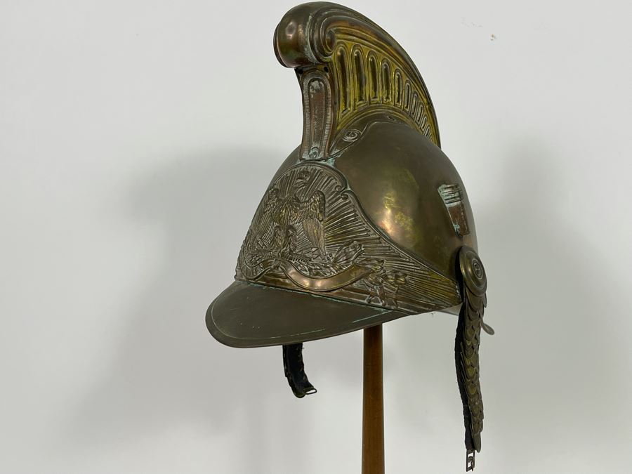 Antique British Fire Brigade Brass Fireman’s Helmut - Straps Need Repair - Comes With Stand 11W X 12H [Photo 4]