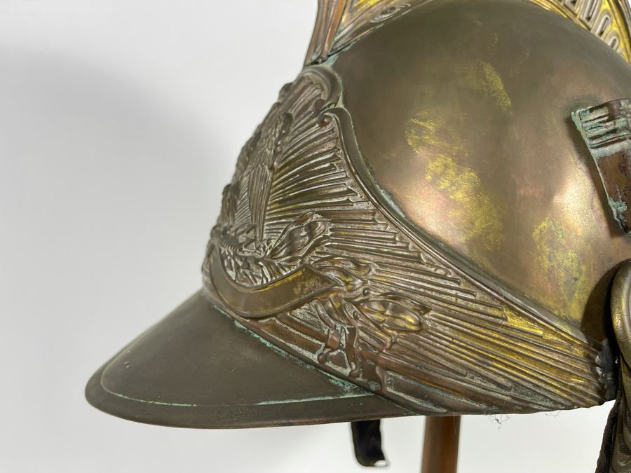 Antique British Fire Brigade Brass Fireman’s Helmut - Straps Need Repair - Comes With Stand 11W X 12H [Photo 13]