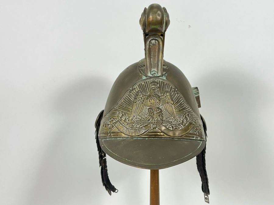 Antique British Fire Brigade Brass Fireman’s Helmut - Straps Need Repair - Comes With Stand 11W X 12H [Photo 3]