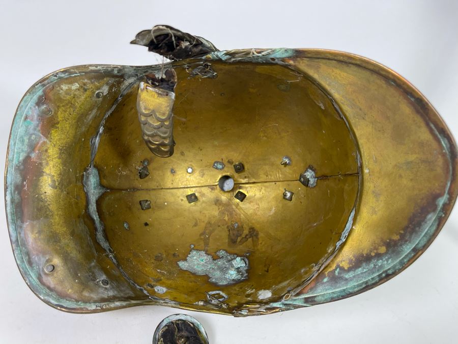 Antique British Fire Brigade Brass Fireman’s Helmut - Straps Need Repair - Comes With Stand 11W X 12H [Photo 22]