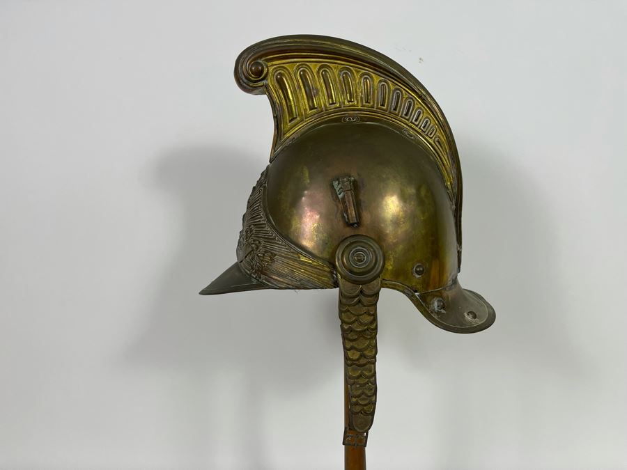 Antique British Fire Brigade Brass Fireman’s Helmut - Straps Need Repair - Comes With Stand 11W X 12H [Photo 11]