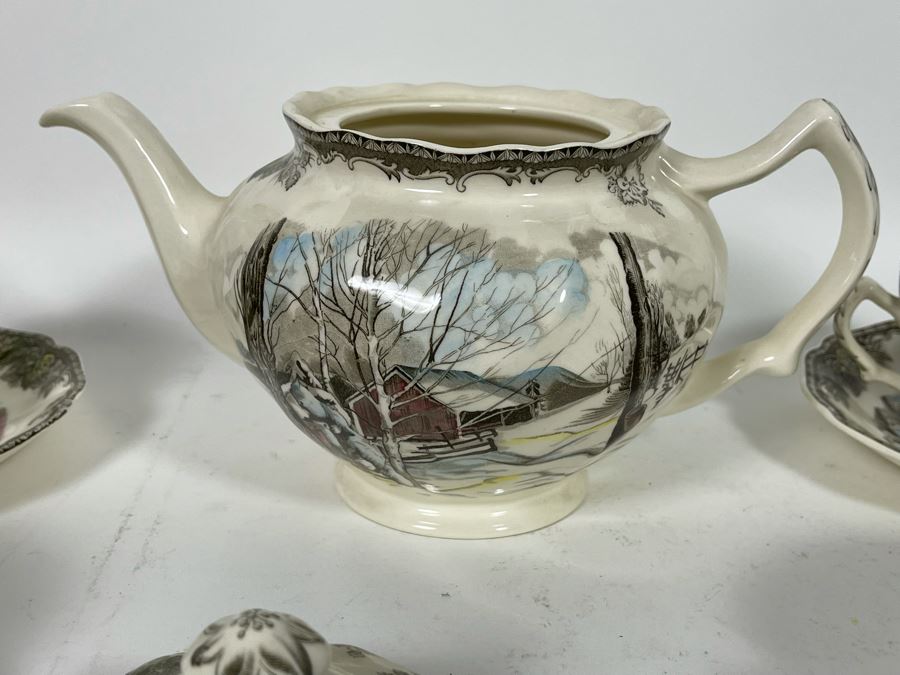 Johnson Bros The Friendly Village The Ice House (14) Cups And Saucers And Teapot Replacements Value $318 [Photo 16]