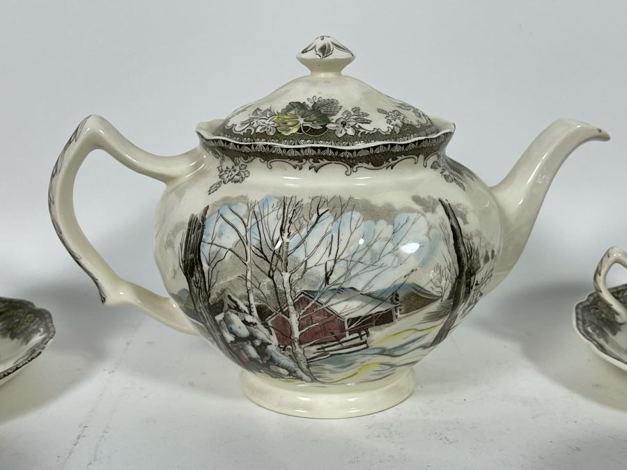 Johnson Bros The Friendly Village The Ice House (14) Cups And Saucers And Teapot Replacements Value $318 [Photo 12]