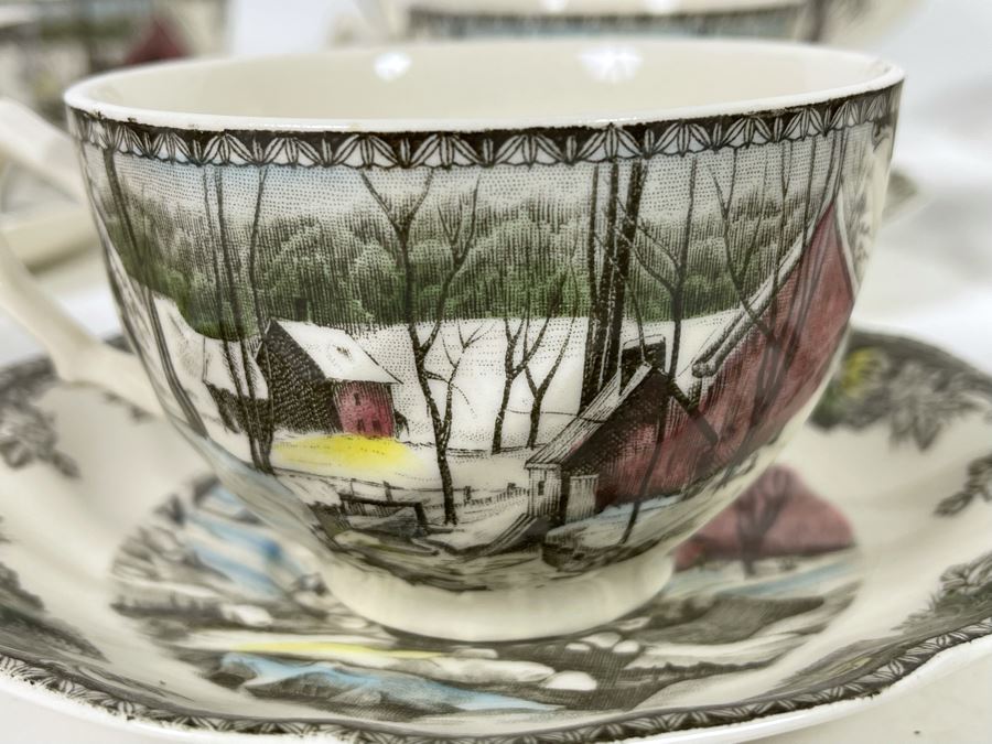 Johnson Bros The Friendly Village The Ice House (14) Cups And Saucers And Teapot Replacements Value $318 [Photo 6]