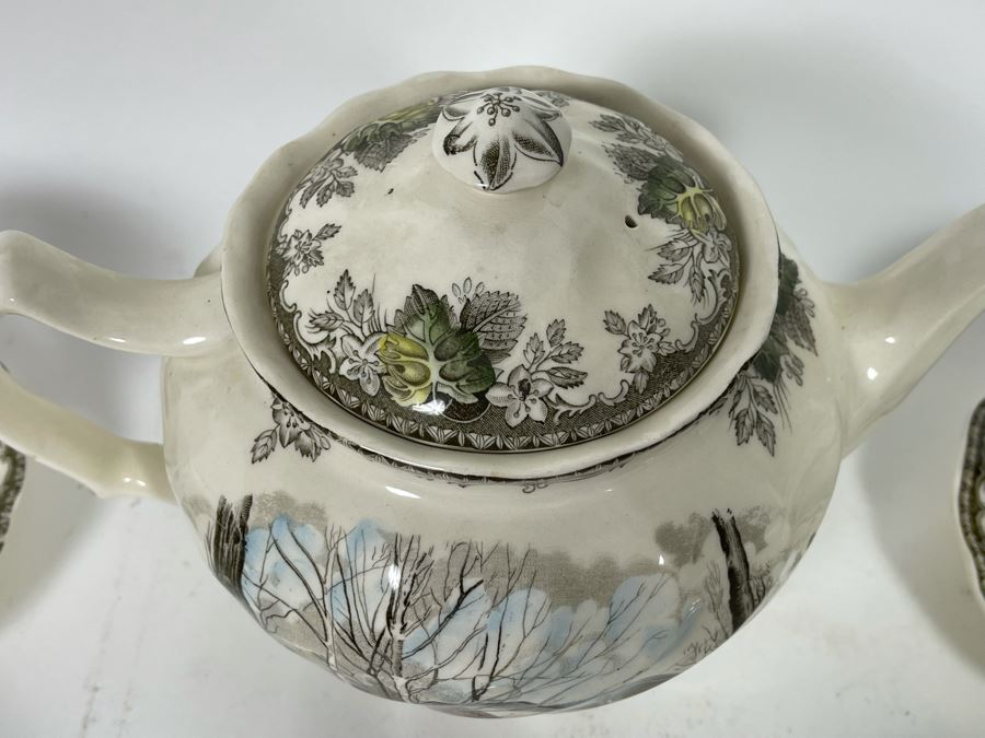 Johnson Bros The Friendly Village The Ice House (14) Cups And Saucers And Teapot Replacements Value $318 [Photo 14]