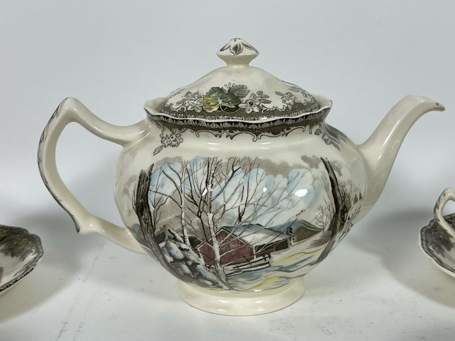 Johnson Bros The Friendly Village The Ice House (14) Cups And Saucers And Teapot Replacements Value $318 [Photo 13]