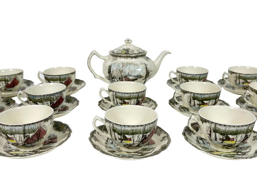 Johnson Bros The Friendly Village The Ice House (14) Cups And Saucers And Teapot Replacements Value $318