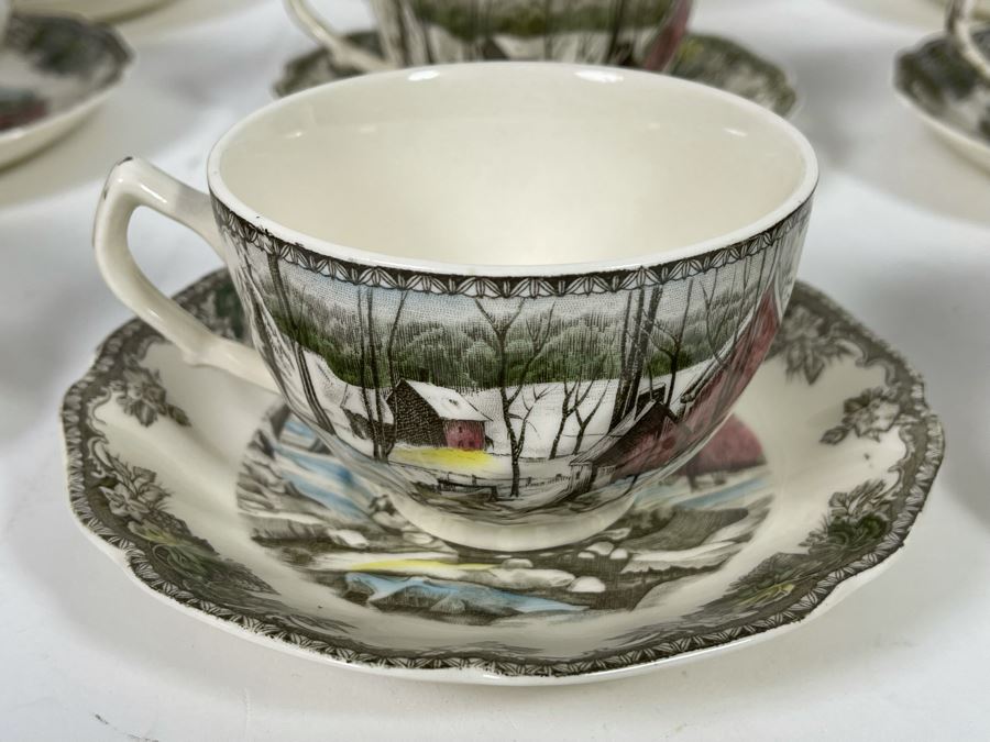 Johnson Bros The Friendly Village The Ice House (14) Cups And Saucers And Teapot Replacements Value $318 [Photo 7]