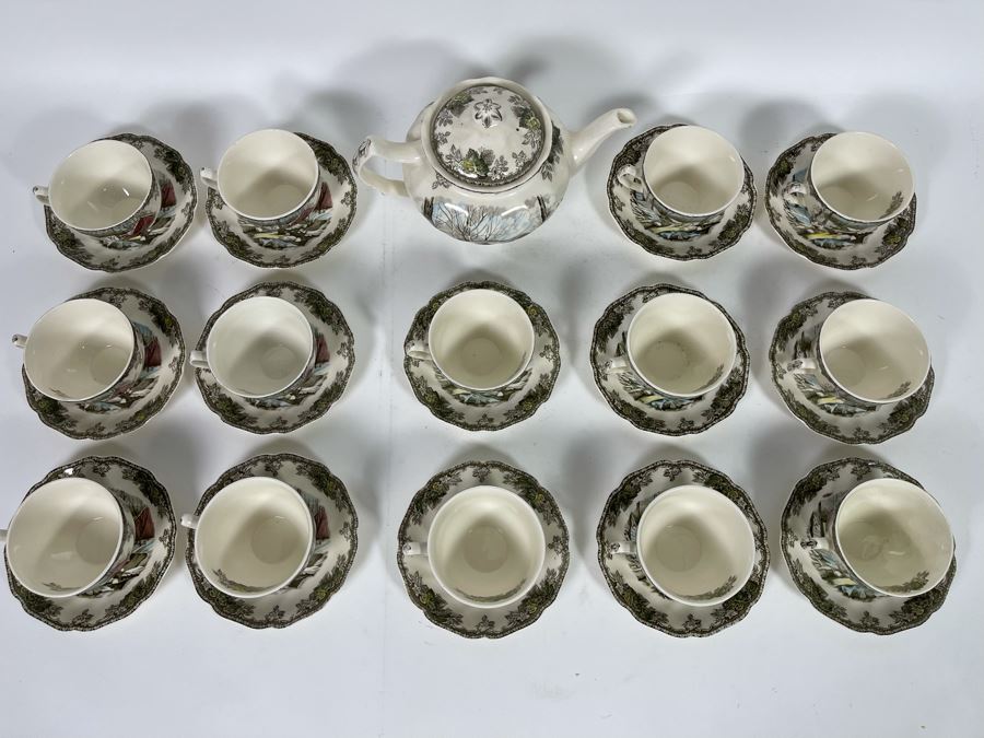 Johnson Bros The Friendly Village The Ice House (14) Cups And Saucers And Teapot Replacements Value $318 [Photo 5]