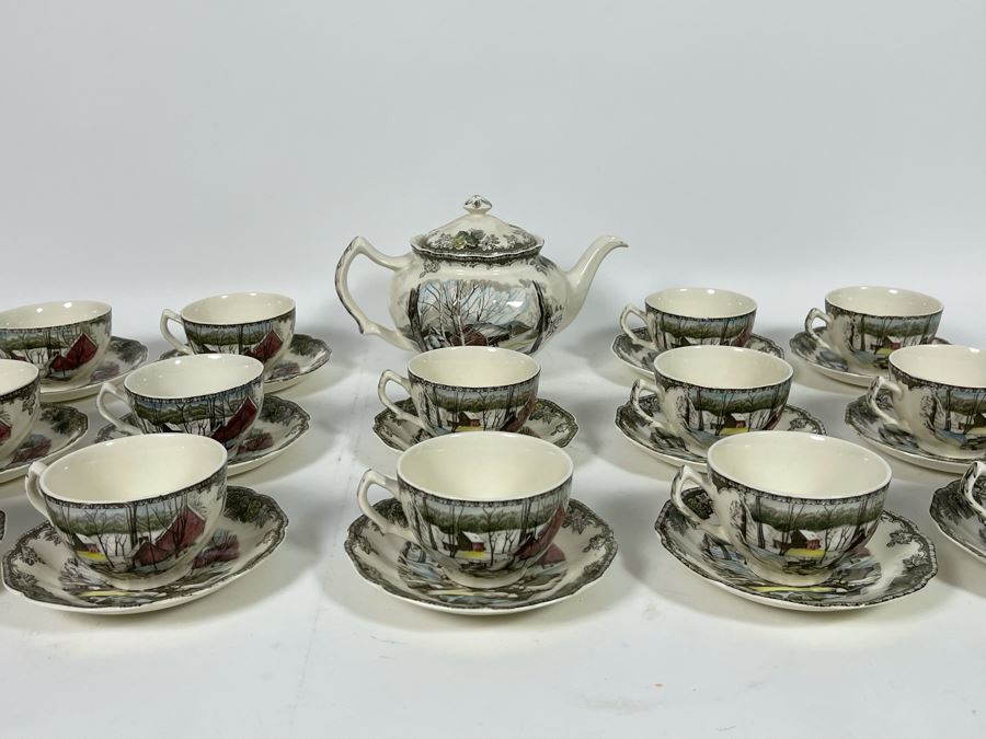 Johnson Bros The Friendly Village The Ice House (14) Cups And Saucers And Teapot Replacements Value $318 [Photo 3]