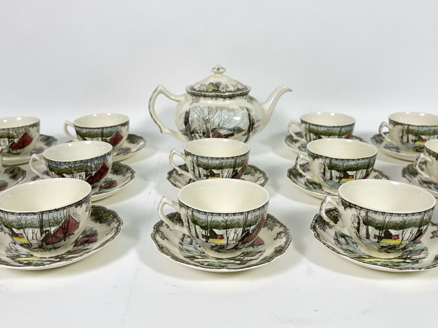 Johnson Bros The Friendly Village The Ice House (14) Cups And Saucers And Teapot Replacements Value $318 [Photo 2]