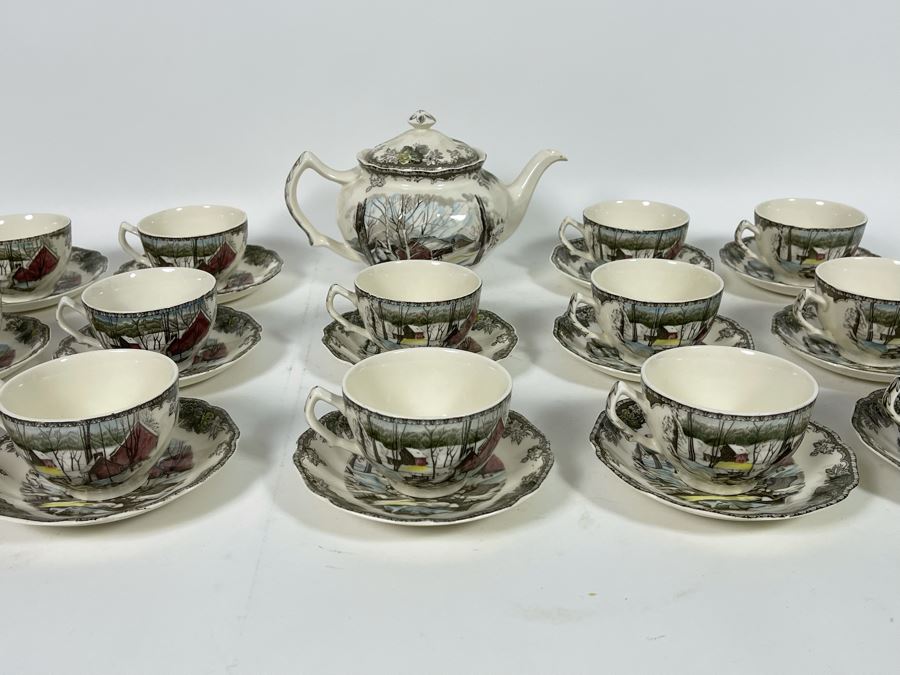 Johnson Bros The Friendly Village The Ice House (14) Cups And Saucers And Teapot Replacements Value $318 [Photo 4]