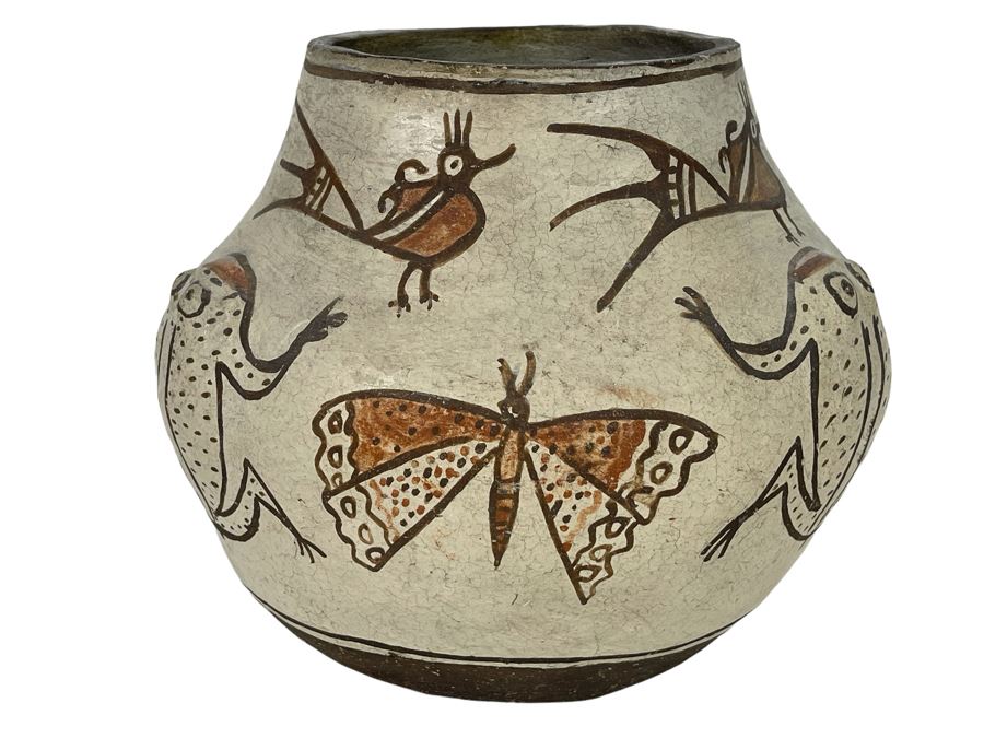 Antique Zuni Native American Frog Pot Featuring Frogs, Butterflies And Birds With Provenance 8W X 7H