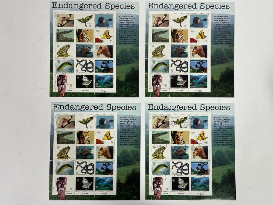 (4) Mint Postage Stamp Sheets Of Endangered Species 1995 $19.20 Face Value
