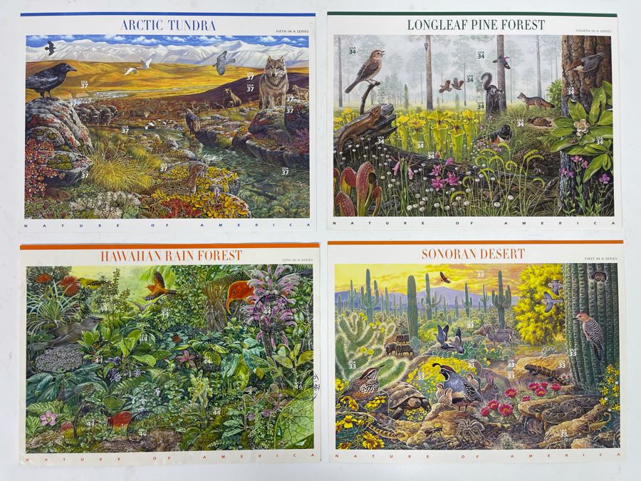 (4) Mint Postage Stamp Sets: Arctic Tundra, Longleaf Pine Forest, Hawaiian Rain Forest, Sonoran Desert