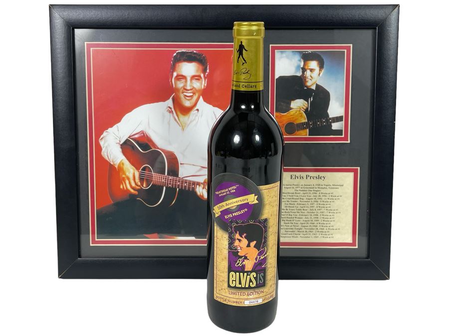Collectible Limited Edition Elvis Presley Graceland Cellars The King Cabernet Sauvignon Wine 2003 CA Plus Framed Decorative Elvis Presley Color Prints Collage 15.5 X 12.5 [Photo 1]