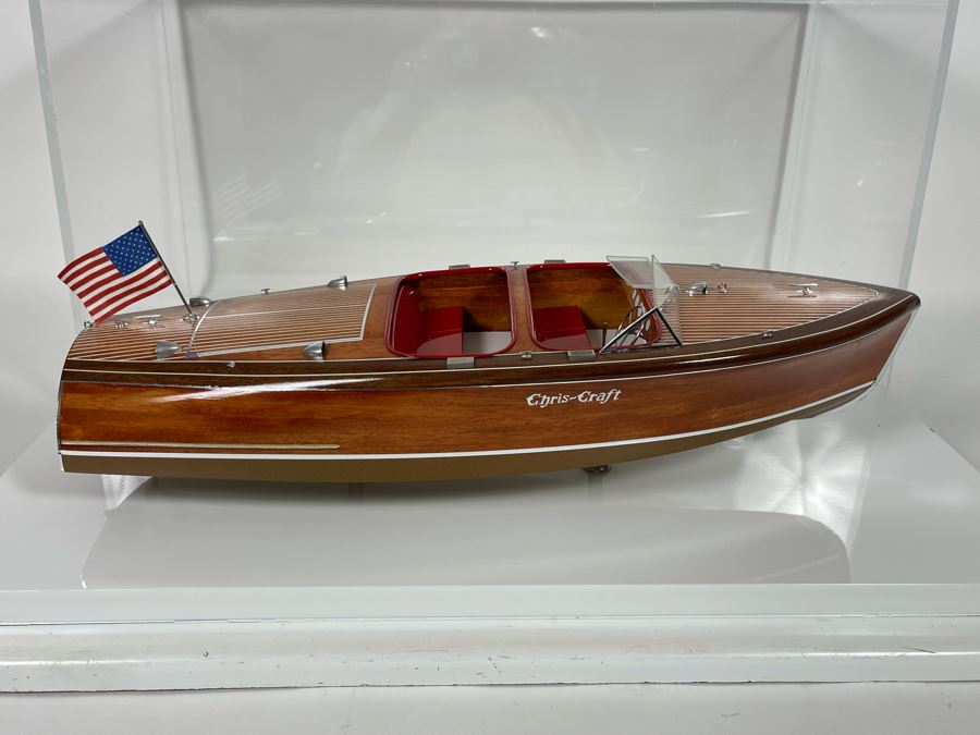 Wooden Chris-Craft Model Boat With Lucite Display Box 26W X 12D X 13H [Photo 2]