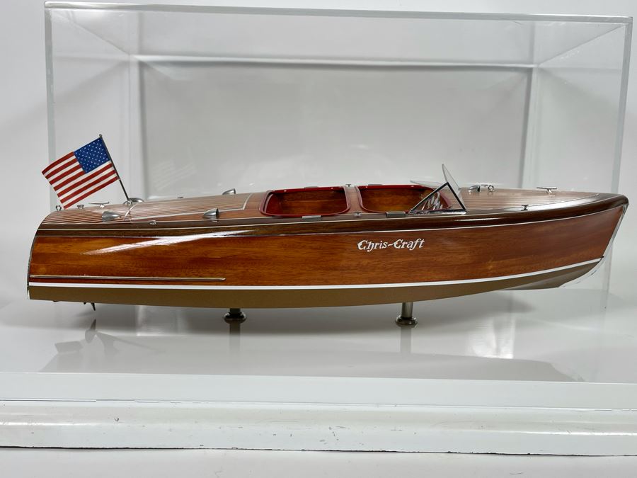 Wooden Chris-Craft Model Boat With Lucite Display Box 26W X 12D X 13H