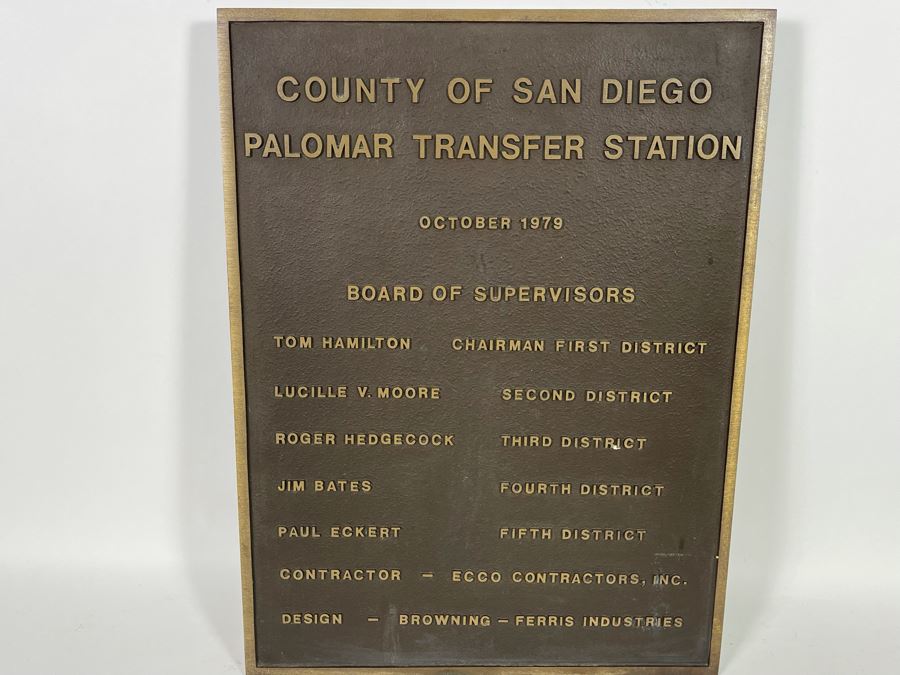Heavy Bronze San Diego Plaque County Of San Diego Palomar Transfer Station October 1979 - Roger Hedgecock 18 X 24 [Photo 2]