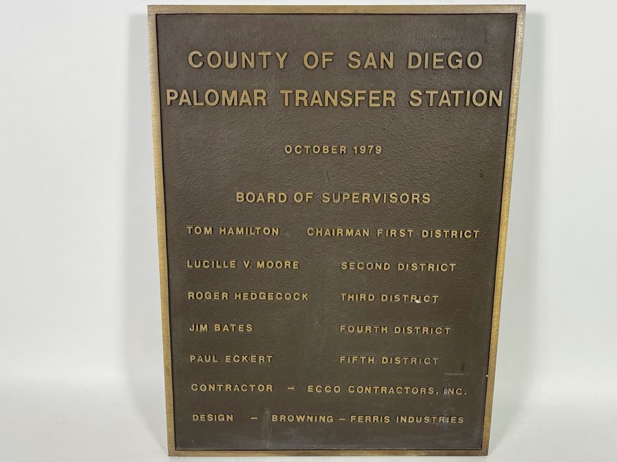 Heavy Bronze San Diego Plaque County Of San Diego Palomar Transfer Station October 1979 - Roger Hedgecock 18 X 24 [Photo 4]