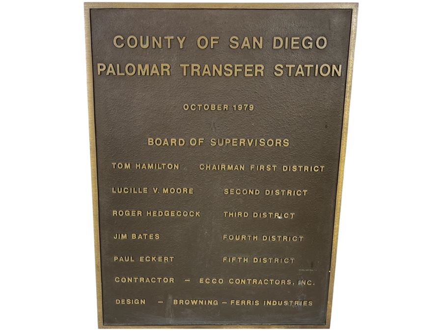 Heavy Bronze San Diego Plaque County Of San Diego Palomar Transfer Station October 1979 - Roger Hedgecock 18 X 24