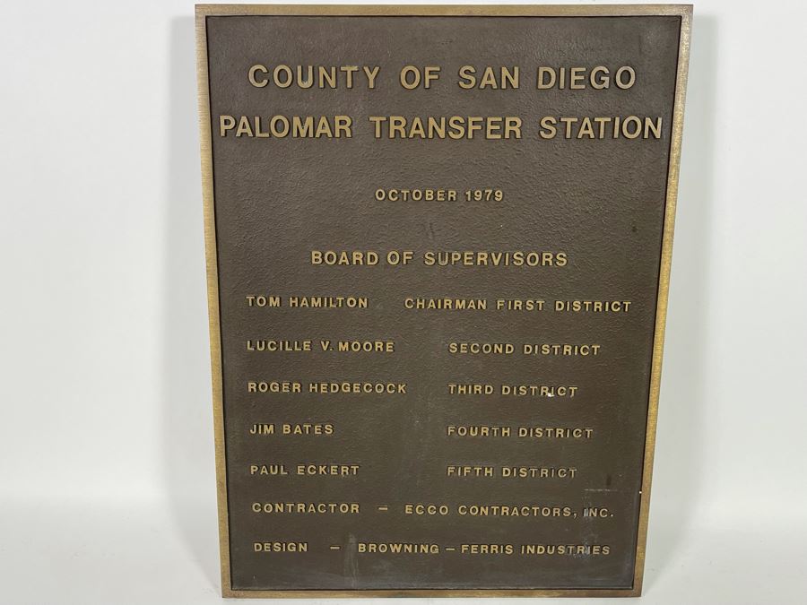 Heavy Bronze San Diego Plaque County Of San Diego Palomar Transfer Station October 1979 - Roger Hedgecock 18 X 24 [Photo 3]