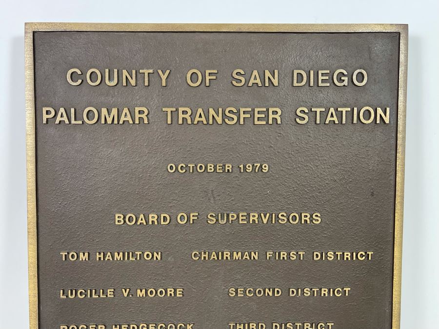 Heavy Bronze San Diego Plaque County Of San Diego Palomar Transfer Station October 1979 - Roger Hedgecock 18 X 24 [Photo 5]
