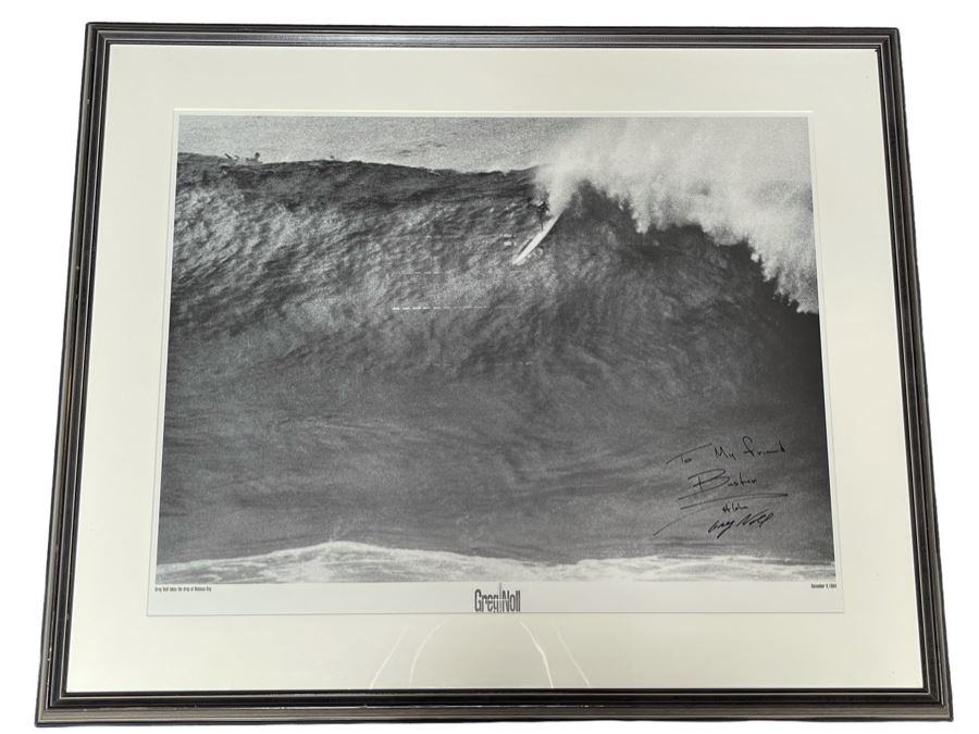 Hand-Signed Greg Noll Poster Titled Greg Noll Takes The Drop At Waimea Bay Framed 44 X 36