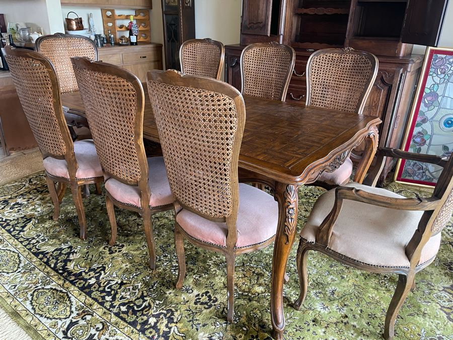 Wooden Parquet Top Dining Table With 2 Leaves And Eight Cane Back Dining Chairs