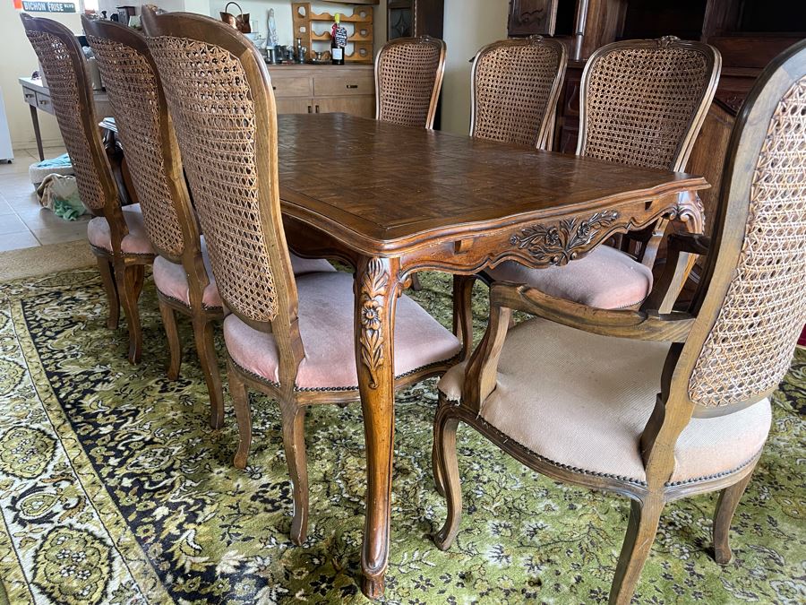 Wooden Parquet Top Dining Table With 2 Leaves And Eight Cane Back Dining Chairs [Photo 5]