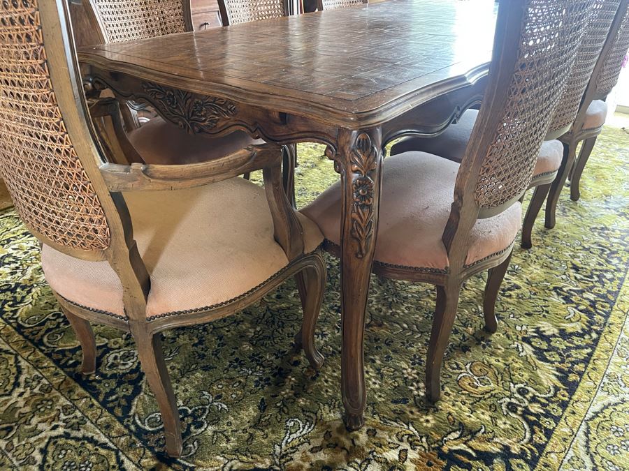 Wooden Parquet Top Dining Table With 2 Leaves And Eight Cane Back Dining Chairs [Photo 8]