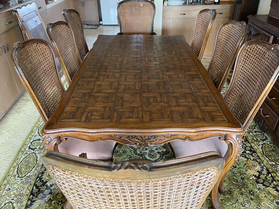 Wooden Parquet Top Dining Table With 2 Leaves And Eight Cane Back Dining Chairs [Photo 2]