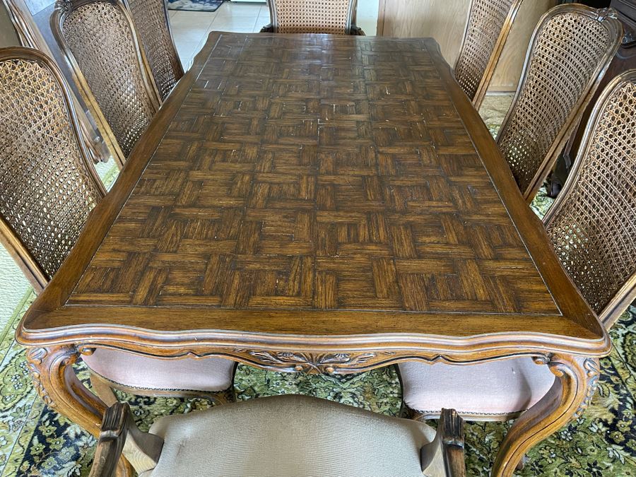 Wooden Parquet Top Dining Table With 2 Leaves And Eight Cane Back Dining Chairs [Photo 7]