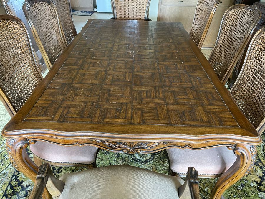 Wooden Parquet Top Dining Table With 2 Leaves And Eight Cane Back Dining Chairs [Photo 6]