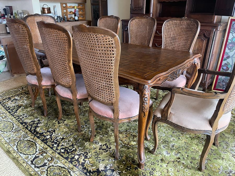 Wooden Parquet Top Dining Table With 2 Leaves And Eight Cane Back Dining Chairs [Photo 3]