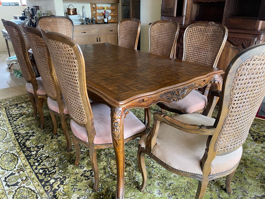 Wooden Parquet Top Dining Table With 2 Leaves And Eight Cane Back Dining Chairs [Photo 4]