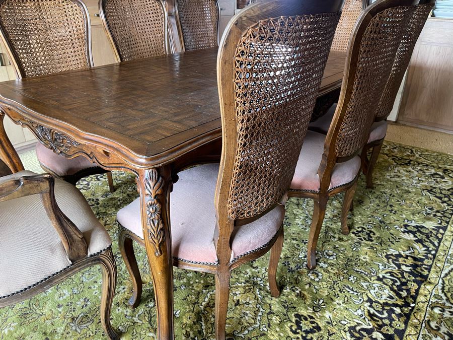 Wooden Parquet Top Dining Table With 2 Leaves And Eight Cane Back Dining Chairs [Photo 12]