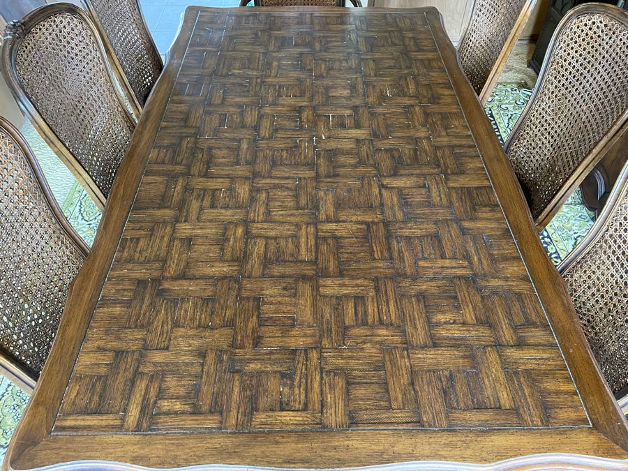 Wooden Parquet Top Dining Table With 2 Leaves And Eight Cane Back Dining Chairs [Photo 14]