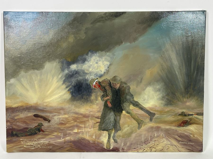 Original Painting By Richard W. DeRosset Reenacting Scene From The Battle Of Soisson July 1918 In France Titled “No Mans Land” - See Photos For Full Description Of Historical Painting 28 X 20 [Photo 5]