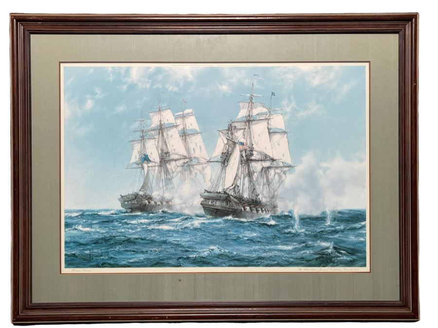 Vintage 1966 Sailing Ship Print Titled “The Action Between Java And Constitution Dec 1812” By Montague Dawson Published By Frost & Reed Of London, England Framed 40 X 31 [Photo 1]