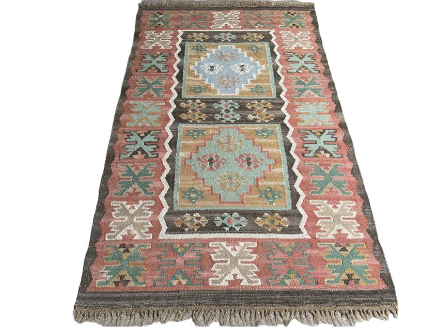 Vintage Hand Knotted Wool Geometric Pattern Kilim Area Rug 37.5 X 60 [Photo 2]