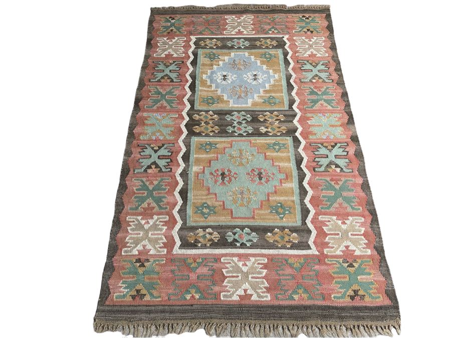 Vintage Hand Knotted Wool Geometric Pattern Kilim Area Rug 37.5 X 60 [Photo 3]