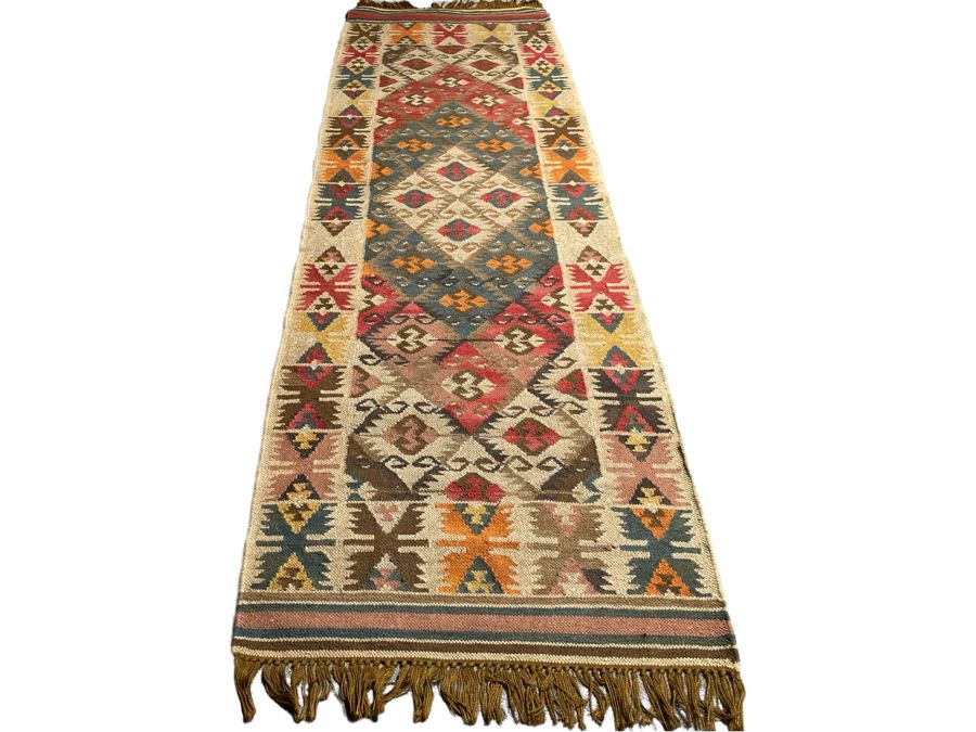 Vintage Hand Knotted Wool Geometric Pattern Kilim Runner Rug 32.5” X 9’1” [Photo 2]