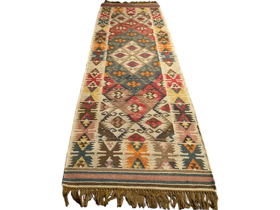 Vintage Hand Knotted Wool Geometric Pattern Kilim Runner Rug 32.5” X 9’1” [Photo 3]