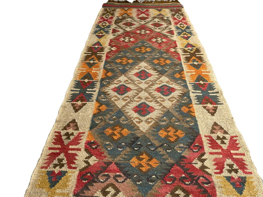 Vintage Hand Knotted Wool Geometric Pattern Kilim Runner Rug 32.5” X 9’1” [Photo 4]