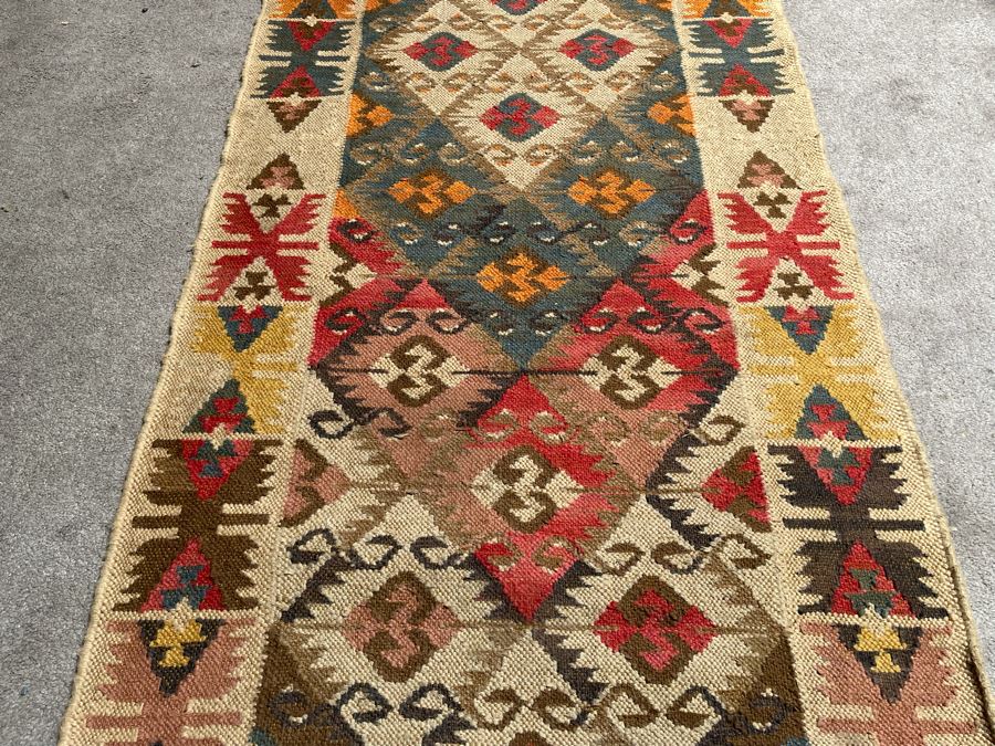 Vintage Hand Knotted Wool Geometric Pattern Kilim Runner Rug 32.5” X 9’1” [Photo 6]